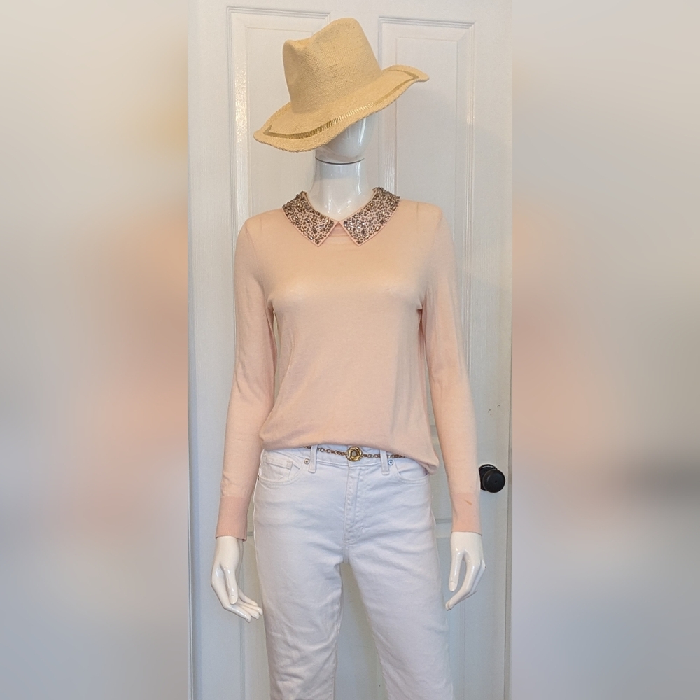 Halogen Salmon Pink Long Sleeve Top with Embellished Removable Collar Medium